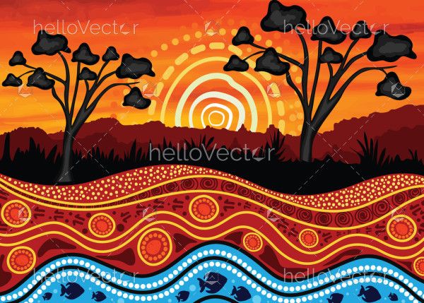 A vector painting featuring nature and Aboriginal dot art