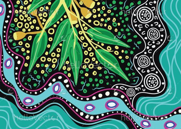 Vector background decorated with Aboriginal dot art and wattle leaves
