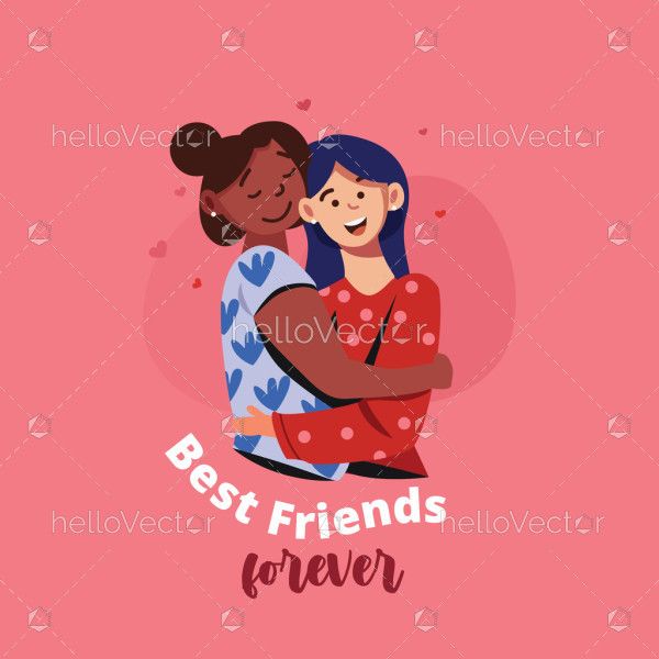 Two girls with smiles hug in vector cartoon. Happy friendship day illustration