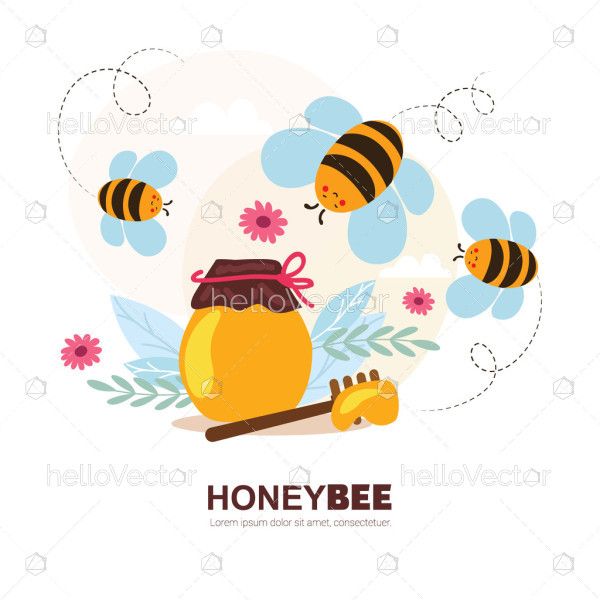 A drawing of honey bee with honey pot