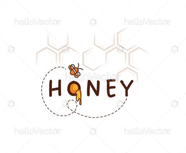 Simple illustration of honeycombs and bee with the text honey