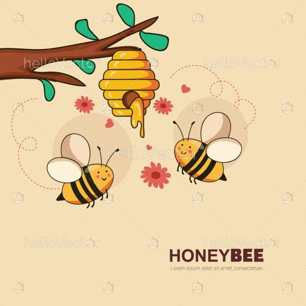 Branch of a tree illustration with a honey hive and cute bees