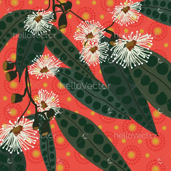 Aboriginal dot art illustration of Eucalyptus tree branch
