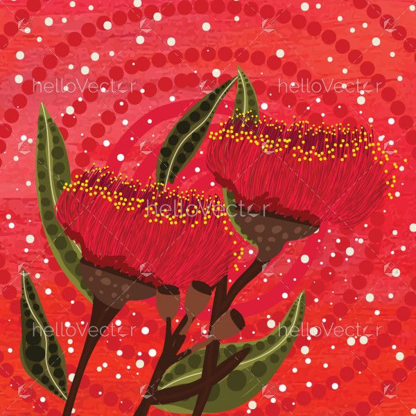 Red Aboriginal Art With Eucalyptus Flowers