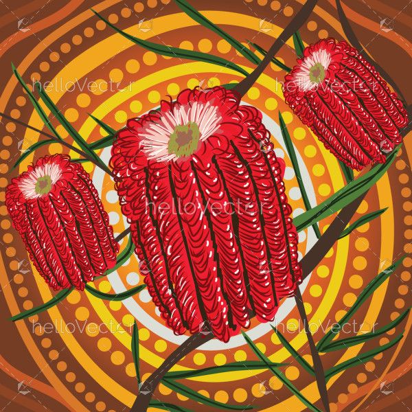 Aboriginal dot painting illustration with red Banksia Flower