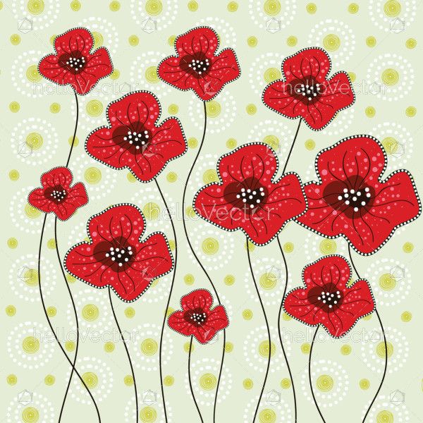 Poppy flowers background in aboriginal dot art style