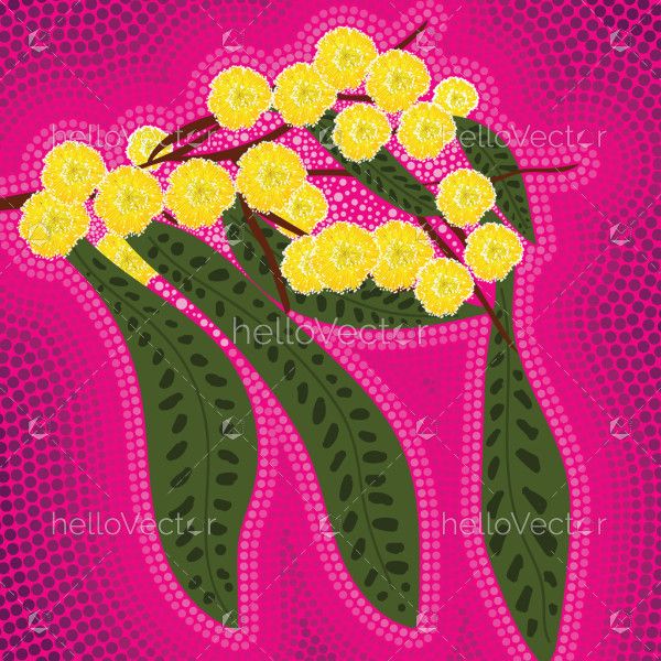 Australian yellow wattle flowers painting in aboriginal dot art style