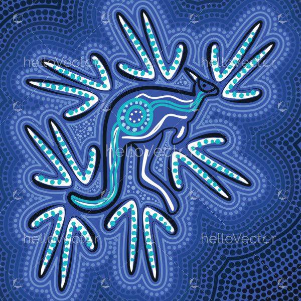 Blue aboriginal style of dot kangaroo artwork illustration