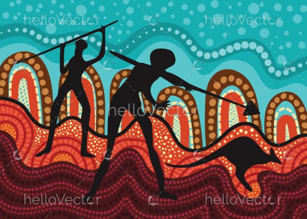 Hunting kangaroo with spear aboriginal artwork illustration