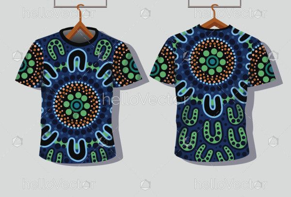 A design for a tee shirt that features an illustration of aboriginal artwork