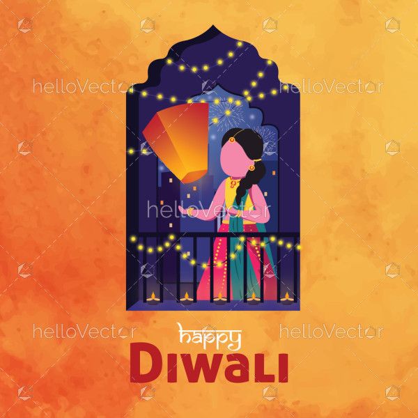 Happy Diwali Illustration with girl releasing sky lantern