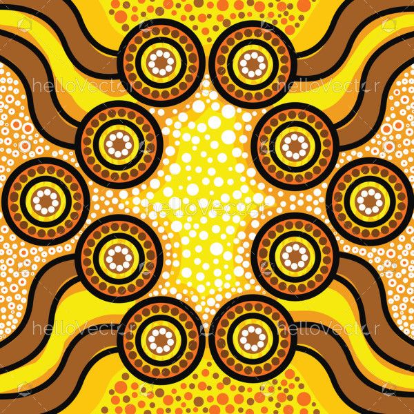 Yellow and bright artistic illustration with dot art motifs from aboriginal culture