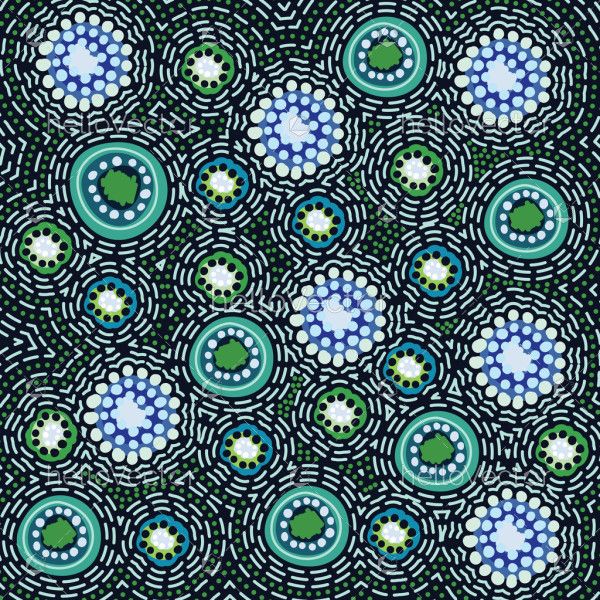 A green background illustration with aboriginal circle design patterns
