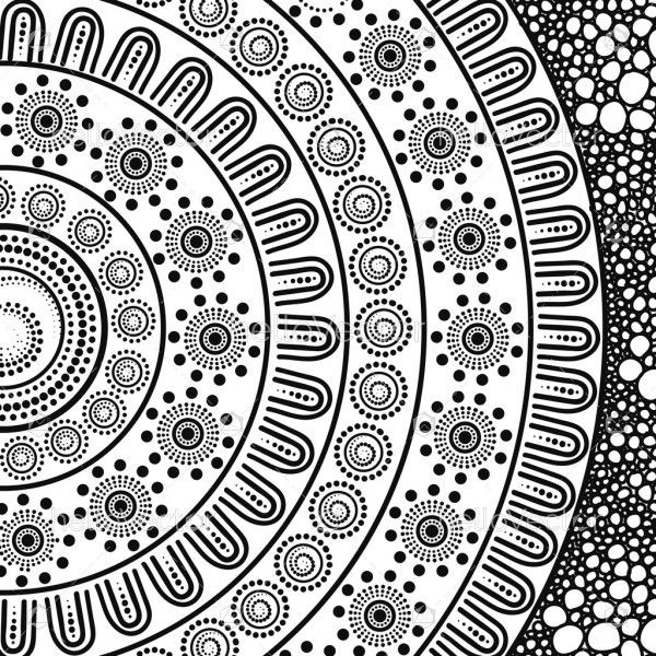 Hand drawn illustration with Aboriginal art motifs in black and white