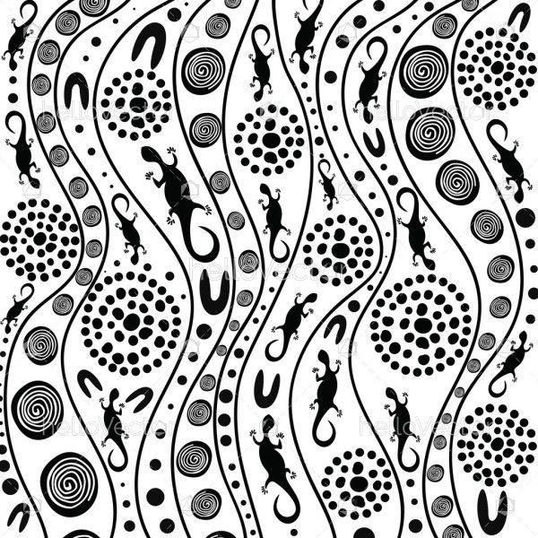 A hand drawn illustration of lizards with Aboriginal art designs in black and white