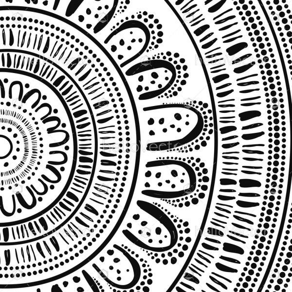 Black and white hand drawn background with Aboriginal dot art influence