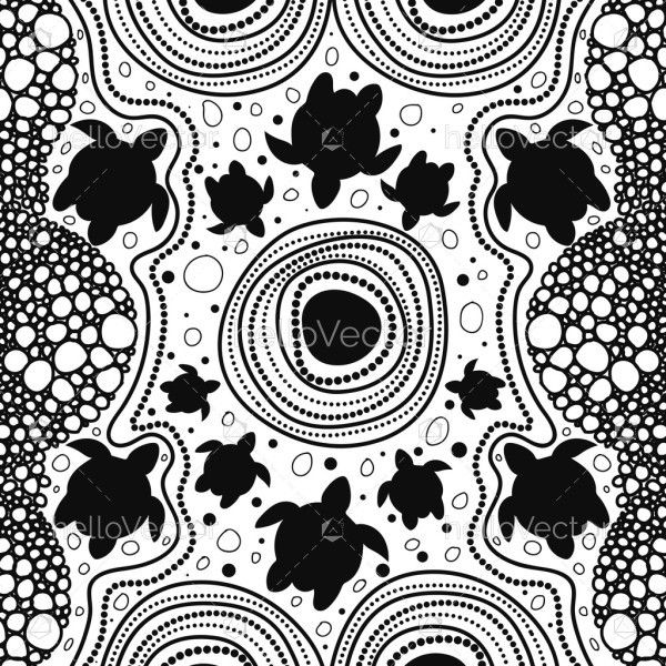 Aboriginal style black and white dot artwork illustration with turtle