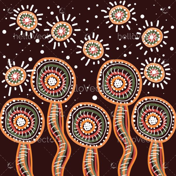 Aboriginal style illustration of tree artwork inspired by dot art