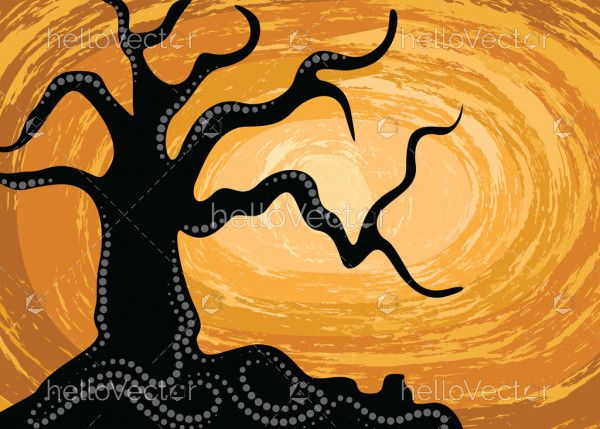 Aboriginal art vector silhouette background with tree.