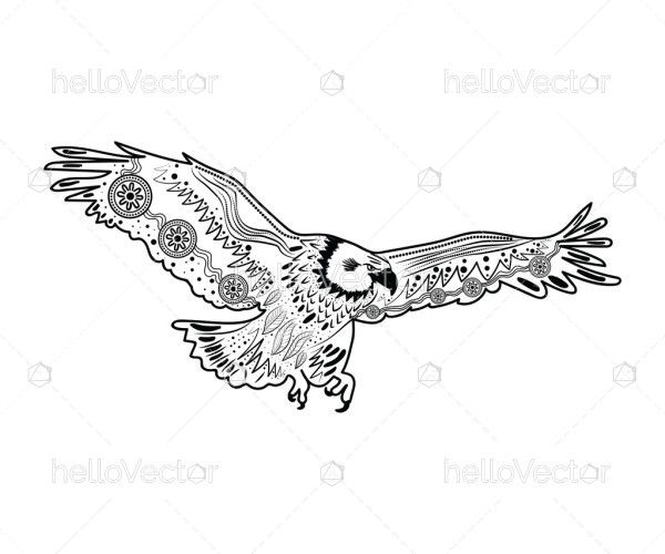 An artistic representation of a flying eagle with aboriginal design