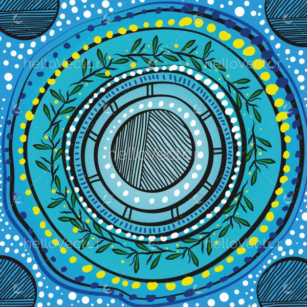 Vector blue background adorned with traditional Aboriginal dot artwork