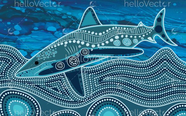 Shark painting illustration inspired by Aboriginal dot art