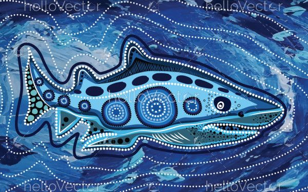 Artistic depiction of a shark featuring aboriginal dot motifs.