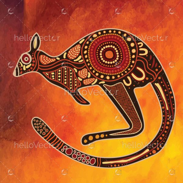 Aboriginal dot patterns adorn a Kangaroo art illustration
