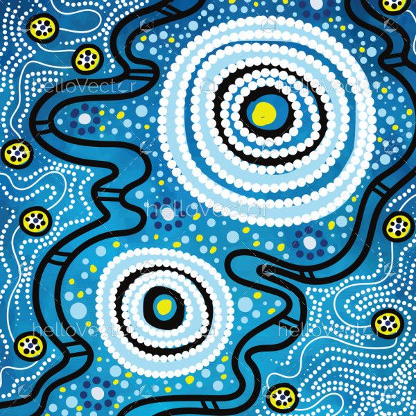 Blue painting illustration inspired by the traditions of Aboriginal dot art