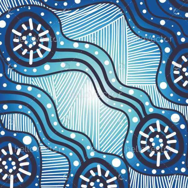 A blue artwork showcasing patterns drawn from Aboriginal artistic traditions