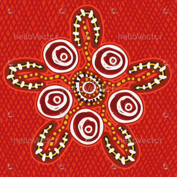 Red artwork that incorporates dot designs from Aboriginal culture