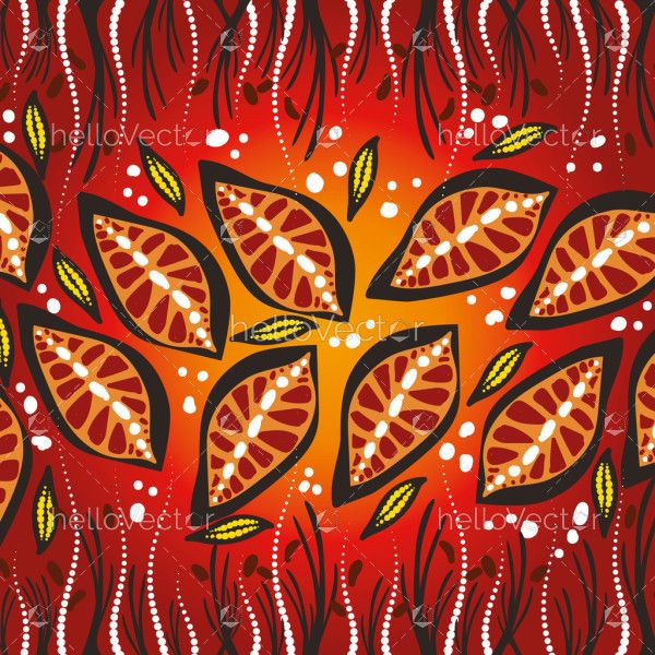 A backdrop featuring Aboriginal motifs beautifully decorated with leaves