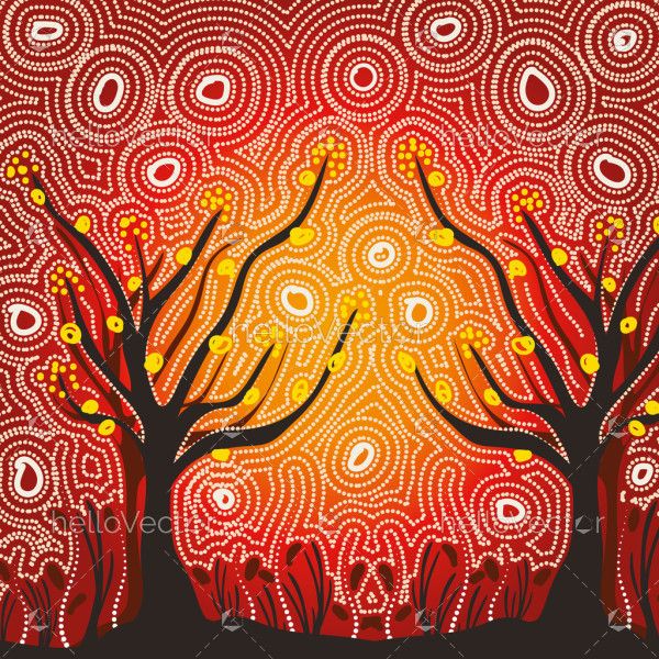 A vector depiction of nature inspired by the intricate patterns of Aboriginal dot art