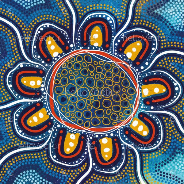 Artwork inspired by Aboriginal dot painting traditions, featuring intricate illustrations.