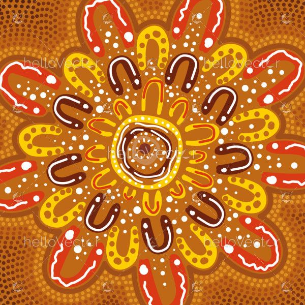 Illustrative designs based on the Aboriginal tradition of dot artwork.