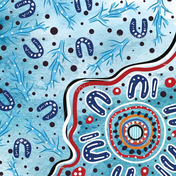 Aboriginal-inspired artwork featuring symbolic patterns, tracks, and vibrant dot painting.