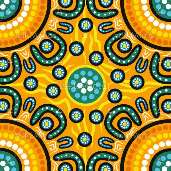 Vibrant Aboriginal-style artwork with symbolic patterns and dot motifs