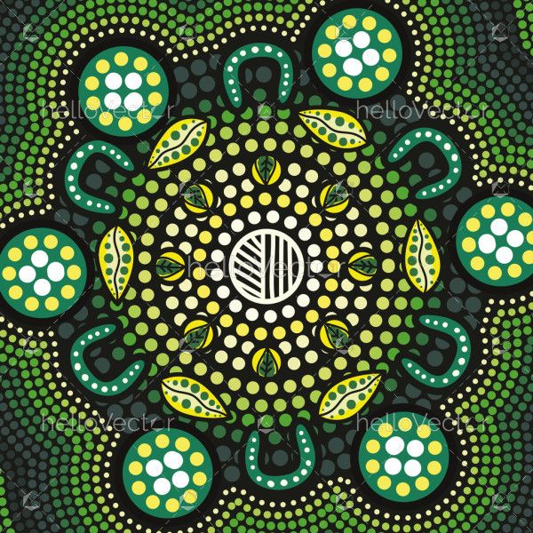 Aboriginal-style dot painting featuring earthy green tones and symbolic patterns