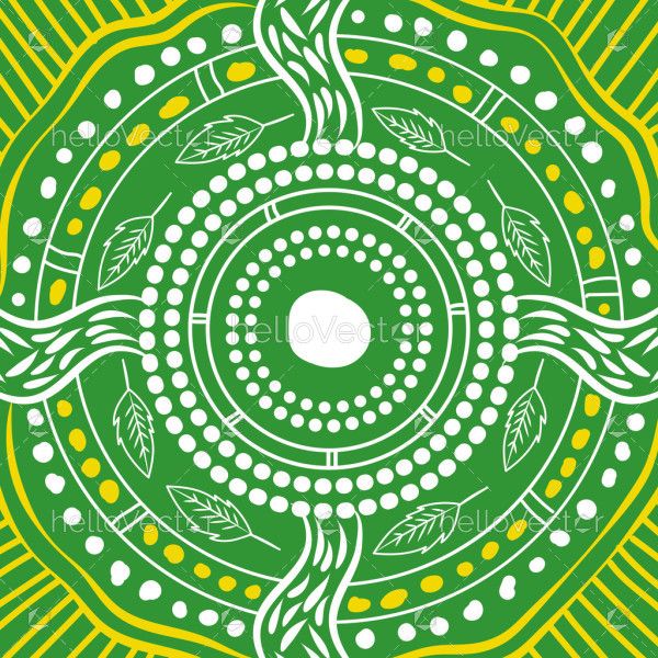 Aboriginal-style artwork featuring a green circular pattern with leaf motifs and flowing lines symbolizing nature and harmony.