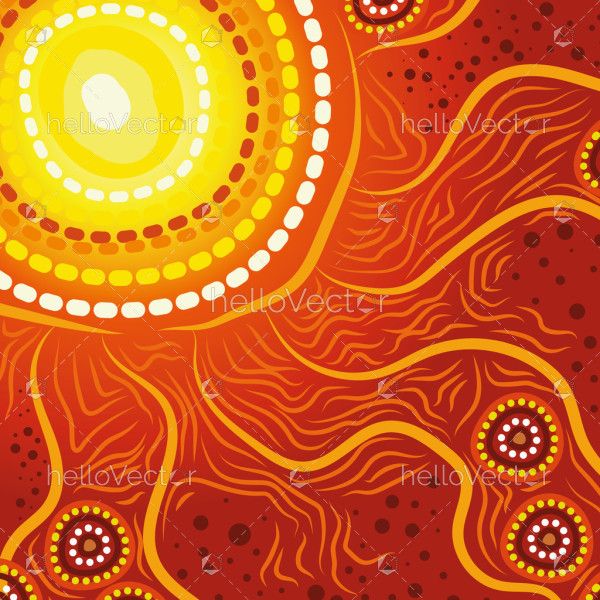 Aboriginal-style artwork depicting the sun radiating energy, with flowing lines representing connection to land and nature.