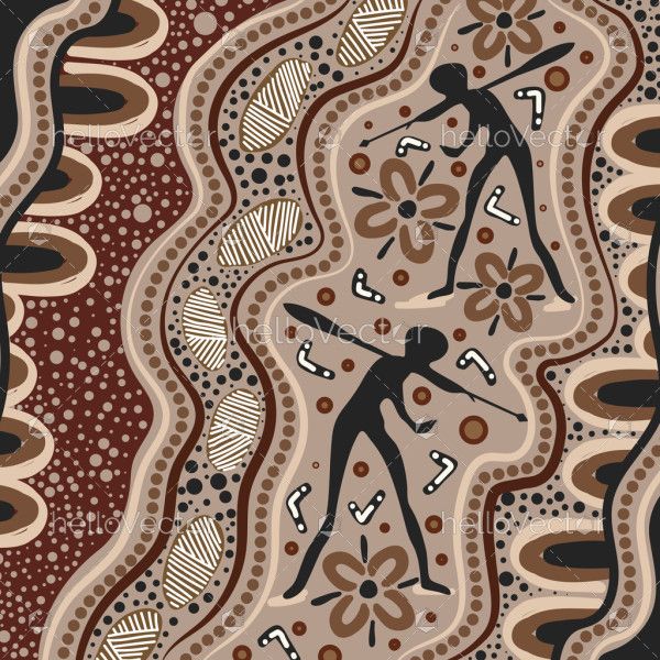 Traditional Aboriginal Vector Art Depicting Cultural Symbols and Figures