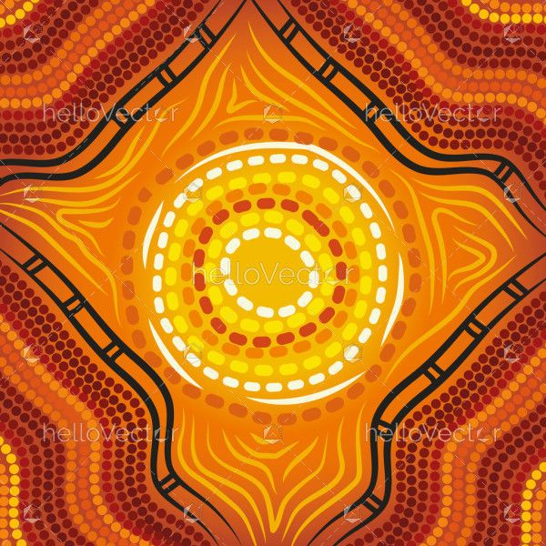 A digital aboriginal painting Radiant Sun and Energy Lines