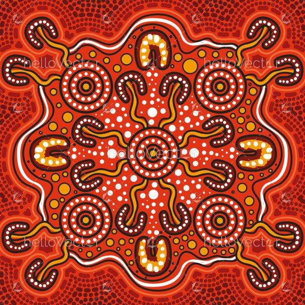 Sacred Gathering Circle in Vibrant Red - Aboriginal Art Illustration