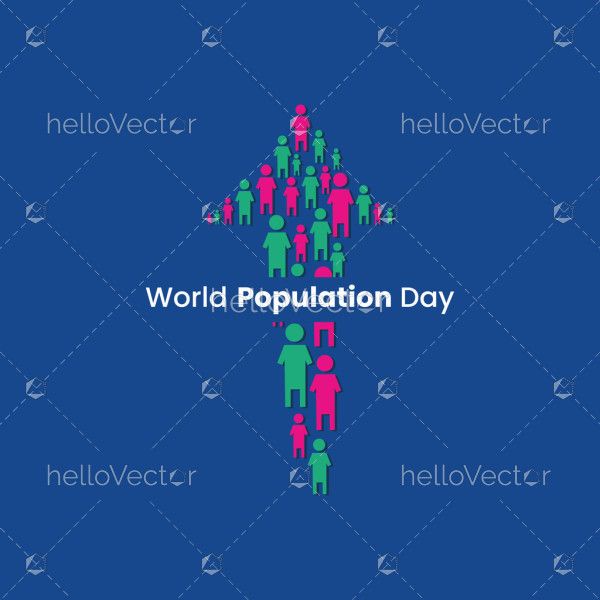 An upward arrow formed by colorful human icons symbolizes global population growth and awareness.
