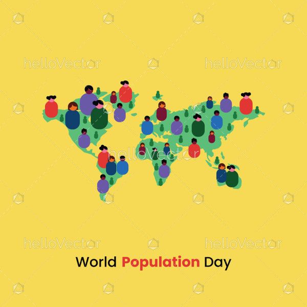 Illustration of people scattered across a world map- global population distribution and diversity.