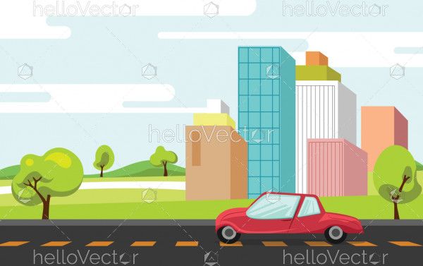 City building near road vector flat illustration