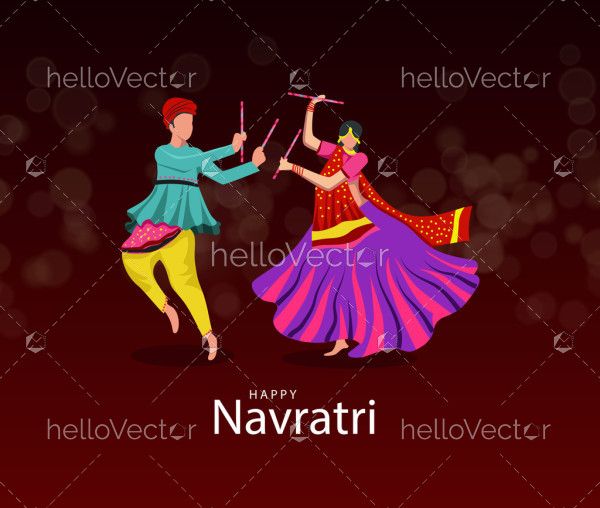 Happy Navratri Celebration Indian Couple Dancing with Dandiya Sticks