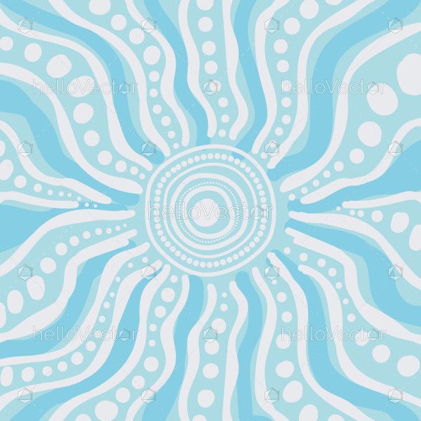 A soft blue Aboriginal-style artwork featuring a central sunburst with radiating wavy lines and dotted patterns.