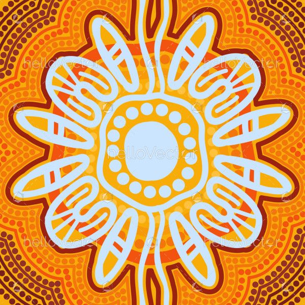 A radiant Aboriginal-inspired artwork featuring a sun-like center surrounded by flowing, symbolic patterns in warm ochre tones.