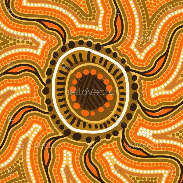 A vibrant Aboriginal-style artwork featuring an earthy central motif surrounded by flowing lines and dotted patterns.